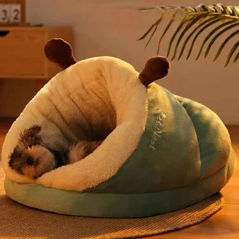 Cream gray slippers-style dog bed with plush inner lining and brown ear handles