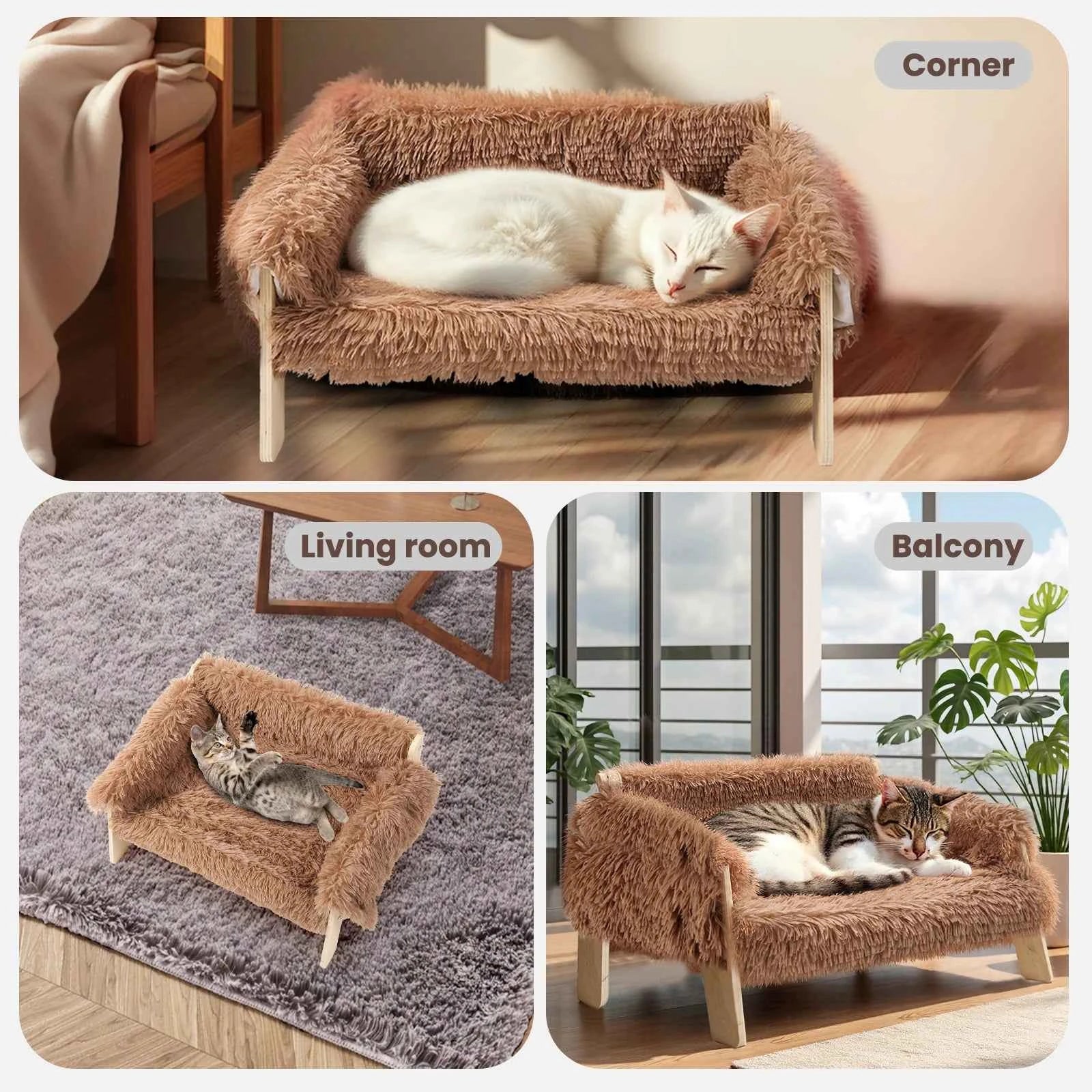 Brown plush raised cat sofa bed with wooden legs; white cat sleeping in corner