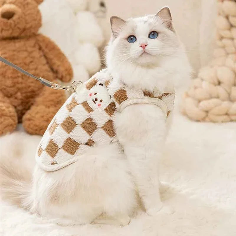Plaid coffee cat sweater vest on a cat, with bear patch and buttoned front