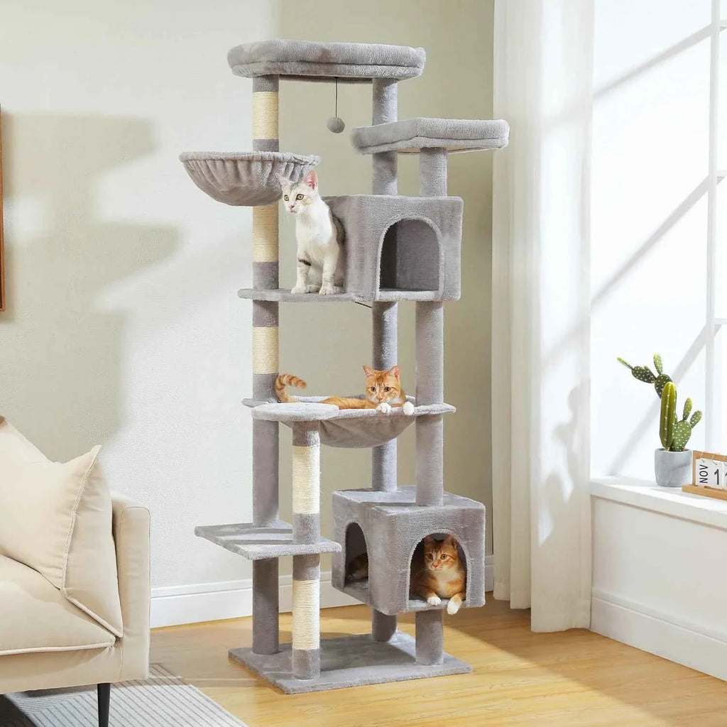 Grey plush cat tree tower with multiple levels, enclosed cubby condos, and scratching posts