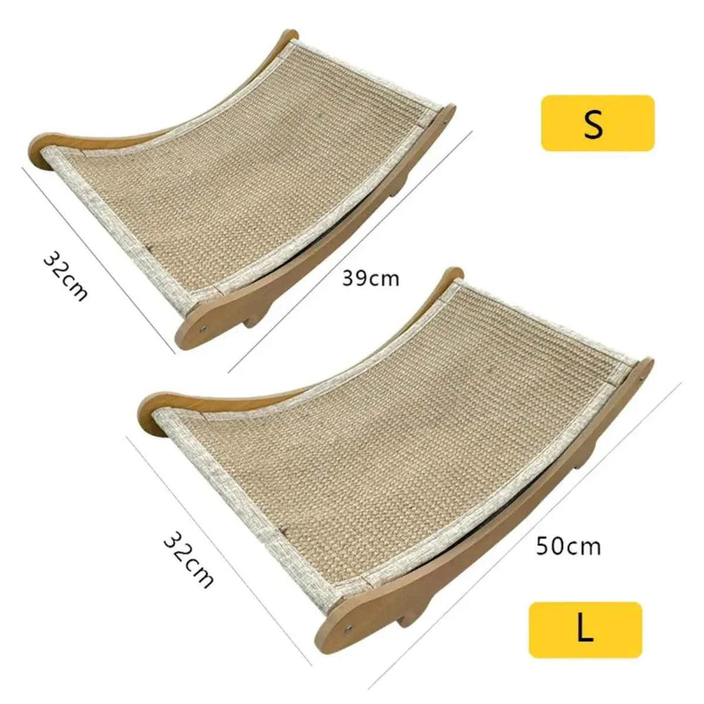 Wooden cat scratch lounge: S 32x39cm and L 32x50cm curved beige sisal base
