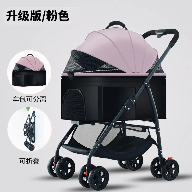 3-in-1 pet stroller carrier with pink hood, black mesh panels, four wheels
