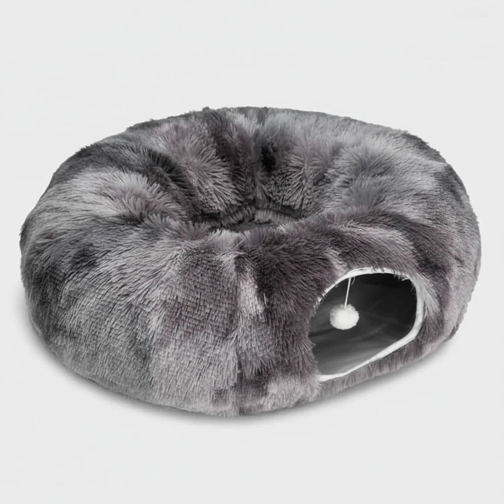 Grey plush cat tunnel bed with side entrance and hanging ball toy