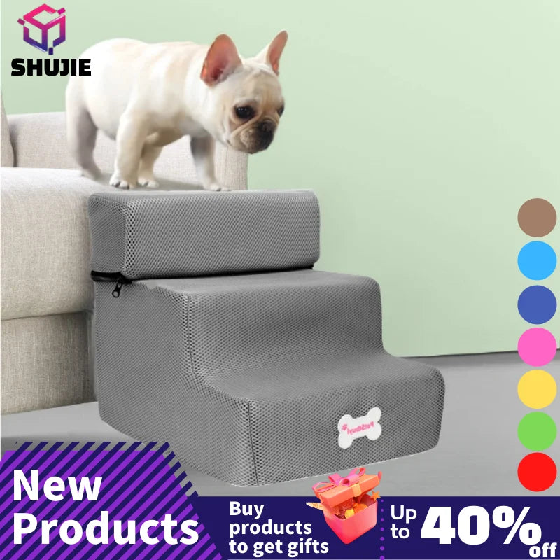 3-step pet stairs with removable ramp, dark gray fabric and non-slip steps