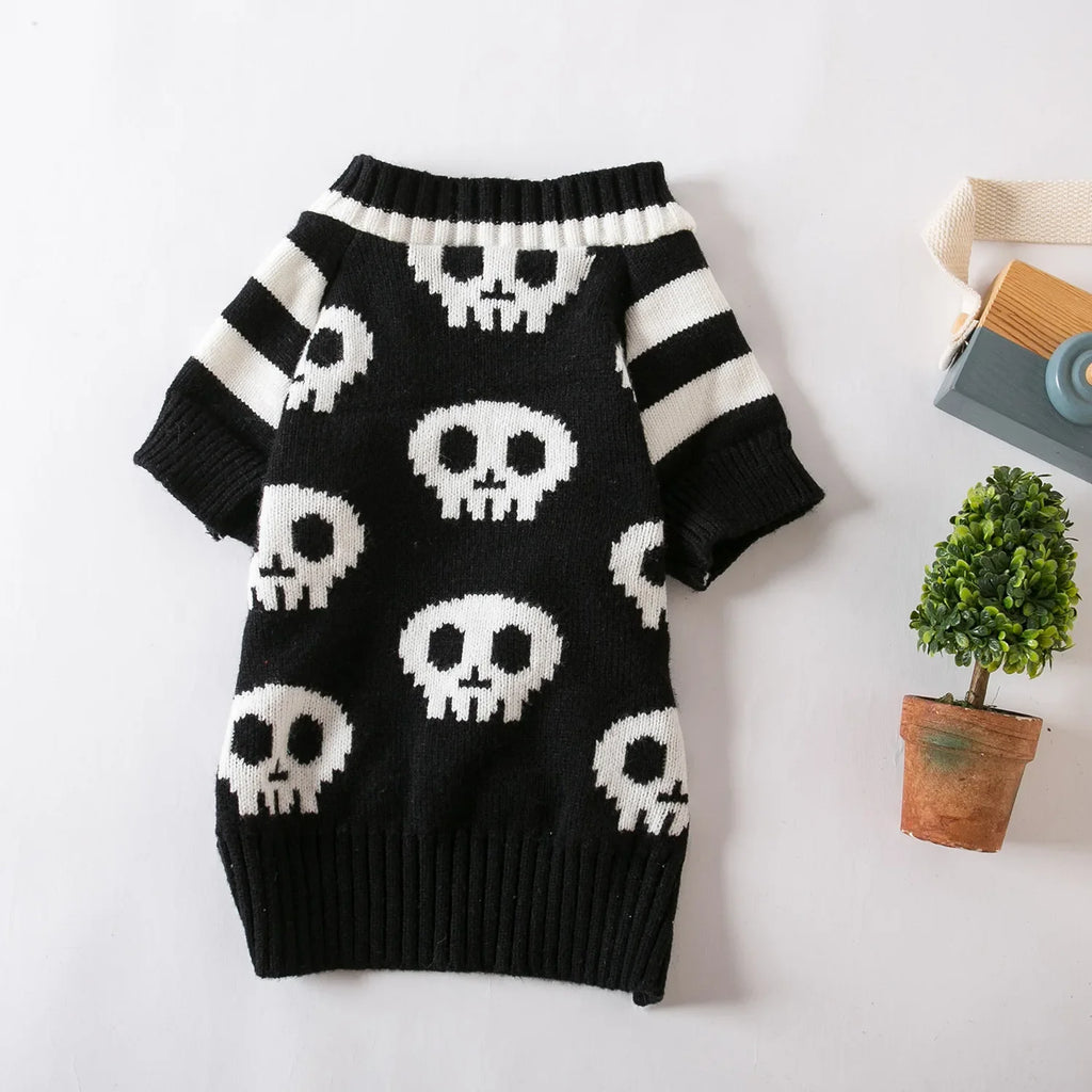 Skull knitted pet sweater, black with white skull pattern and striped sleeves