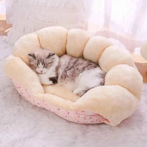 Light plush 2-in-1 cat house bed with padded walls and oval resting bowl