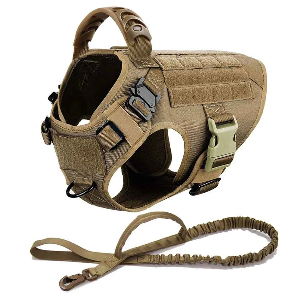 Tan/brown no-pull dog harness vest with tactical straps and matching leash