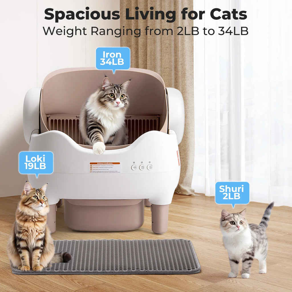 White automatic open-top cat litter box with khaki interior, standing on legs