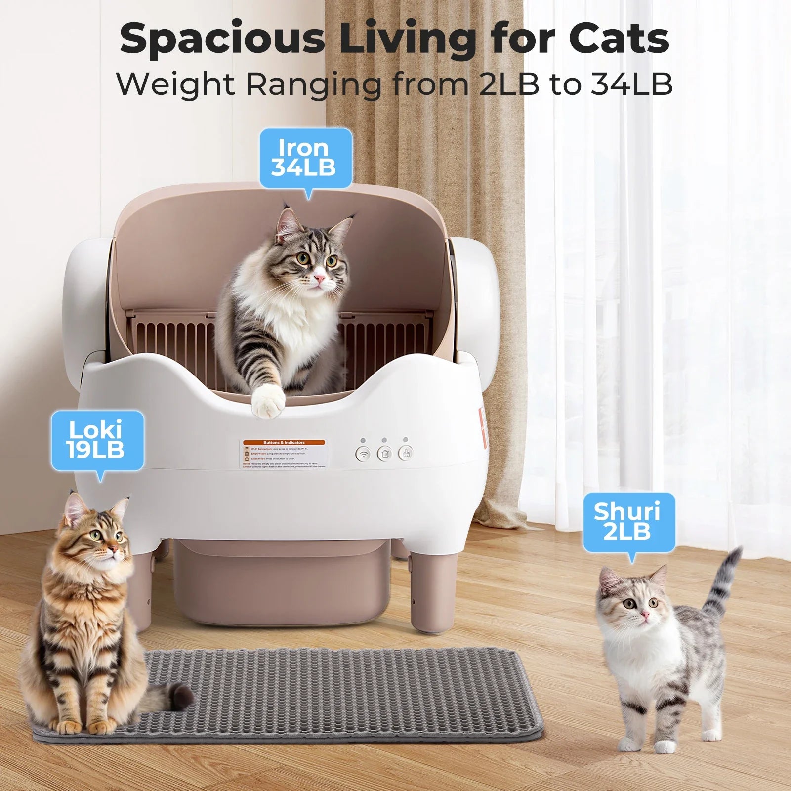 White automatic open-top cat litter box with khaki interior, standing on legs