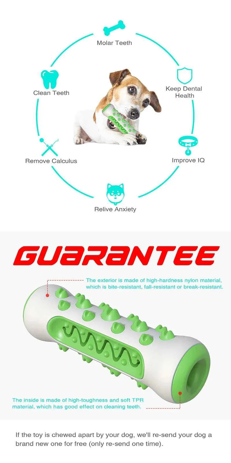Green-and-white chew-resistant dental dog toy with textured cleaning ridges