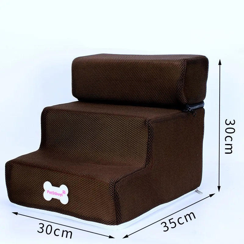 Three-step pet stairs in dark brown textured fabric with pet paw tag and non-slip base