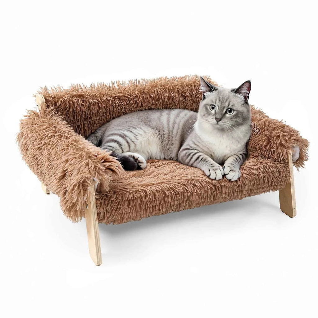 Brown plush raised cat sofa bed with wooden legs; gray tabby cat lounging