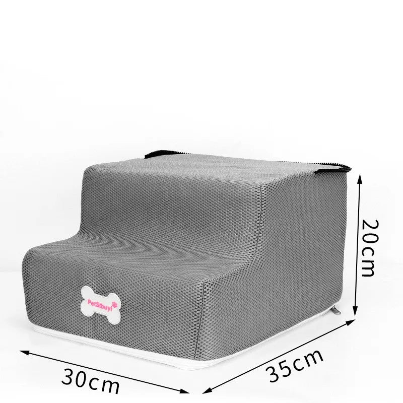Two-step pet stairs in gray fabric with removable cover and non-slip base
