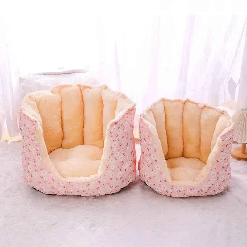 Pair of convertible cat beds with fluffy bolster edges and patterned outer fabric