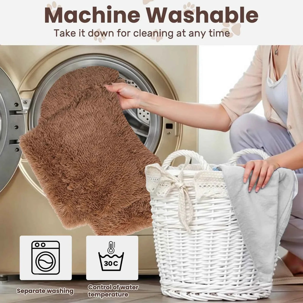Brown plush raised pet sofa bed cover shown being removed for washing
