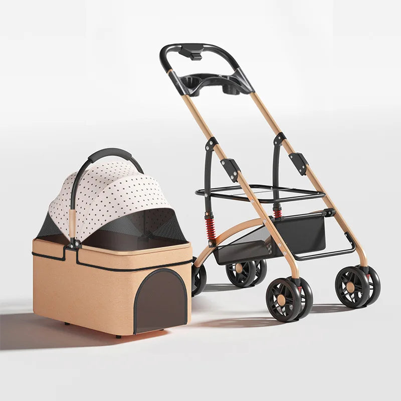 Foldable pet travel carrier stroller in beige with dotted white canopy and dark door