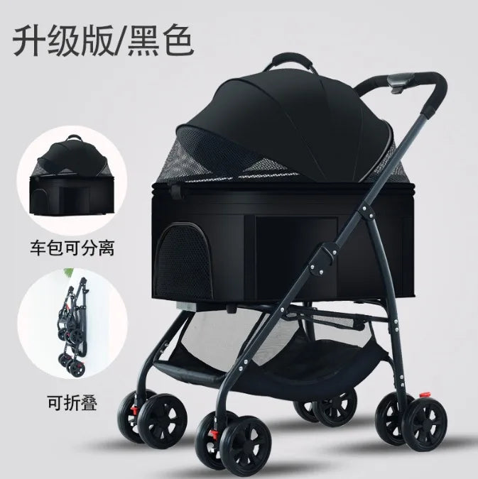 3-in-1 pet stroller carrier with black canopy and black base, four-wheel design