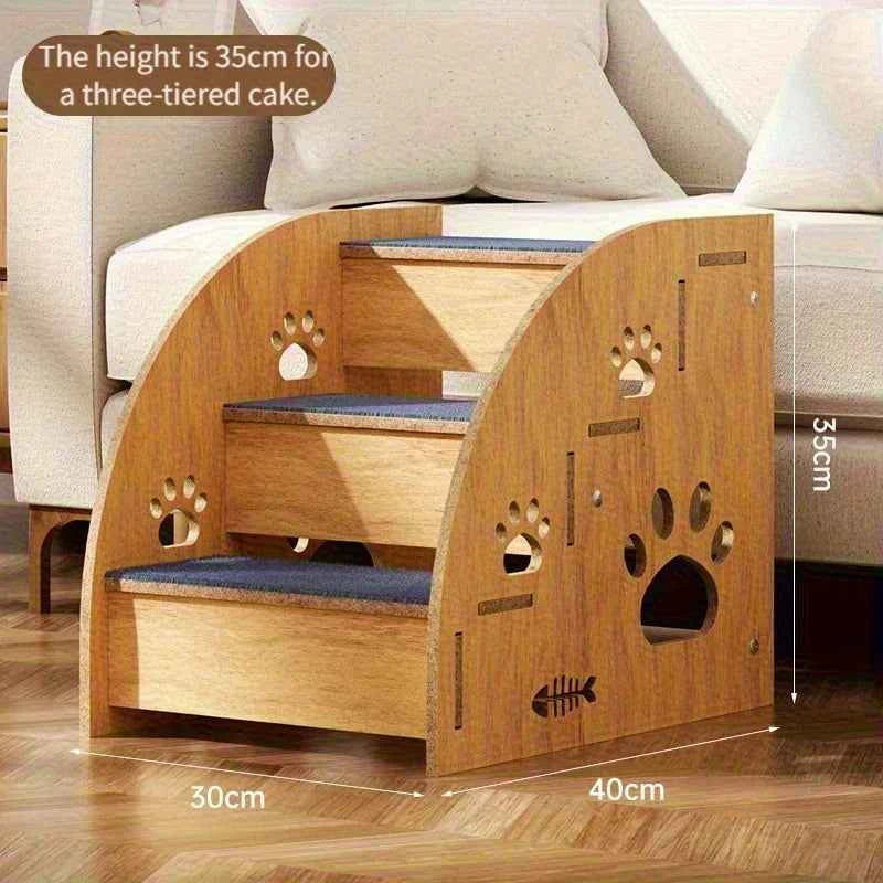 Dog ramp size 40cm wide, 35cm high, three blue padded steps in light wood frame