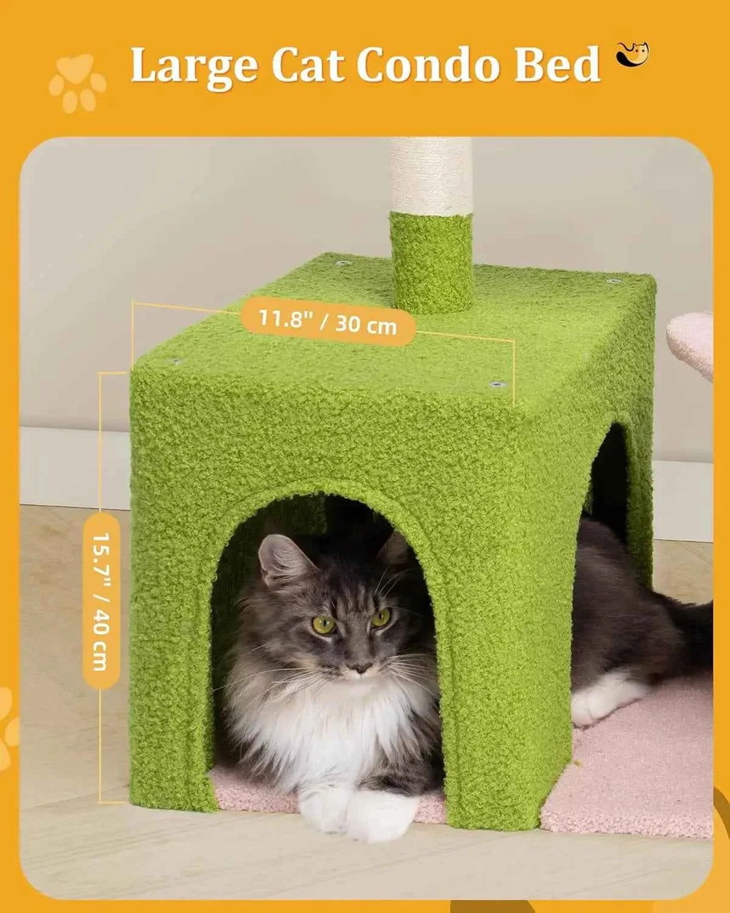 Green cat condo bed with open front and pink base cushion; gray cat inside