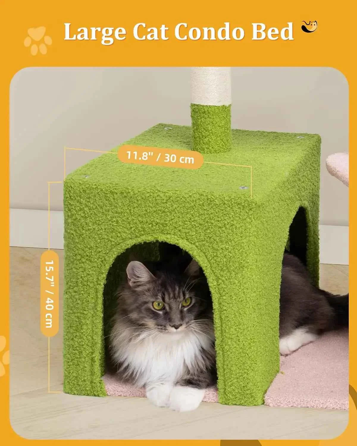Green cat condo bed with open front and pink base cushion; gray cat inside