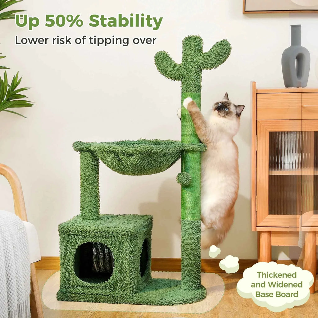 Green cactus cat tower with hammock and lower condo; cat climbing the post
