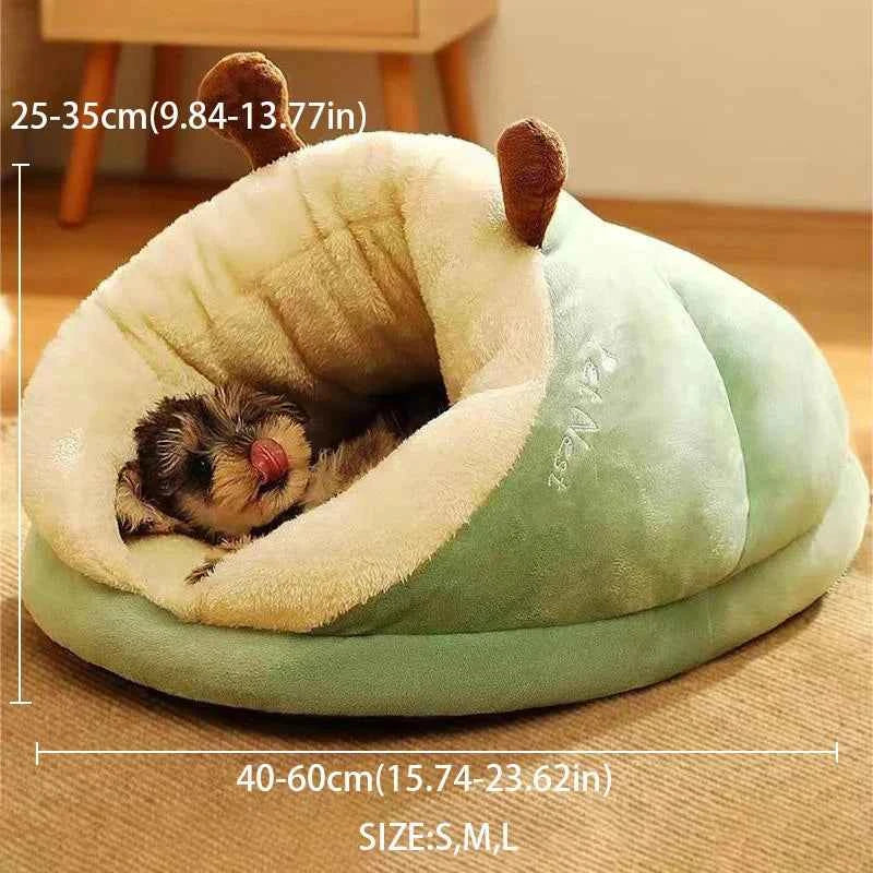 Mint green slippers dog bed, plush hood-style cover and brown ear-shaped topper