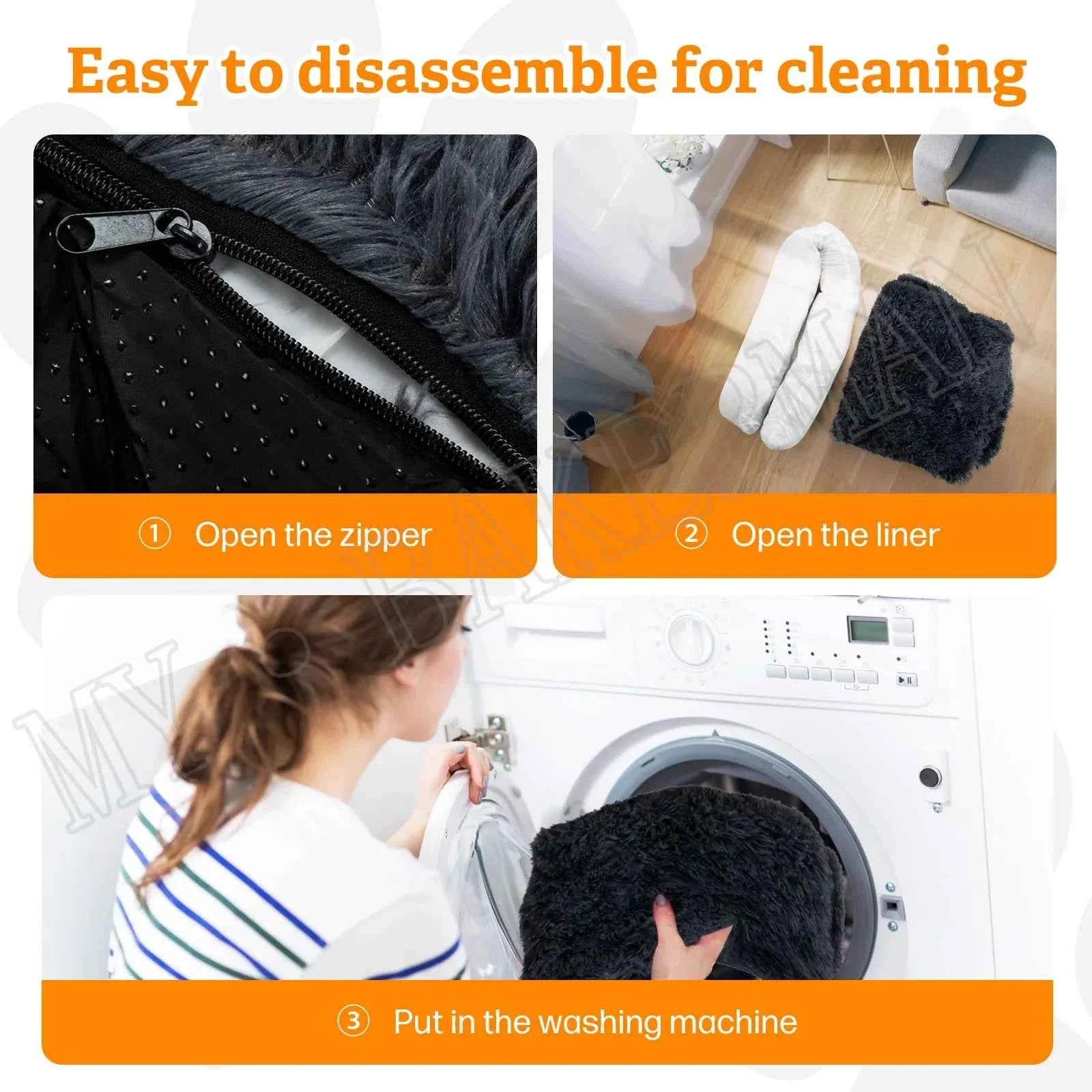 Plush dog bed cover with zipper closure detail for easy cleaning and washing