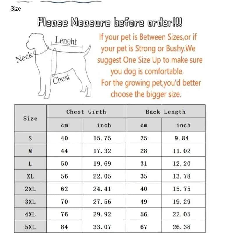 Dog jacket size chart with neck, chest girth, and back length measurements