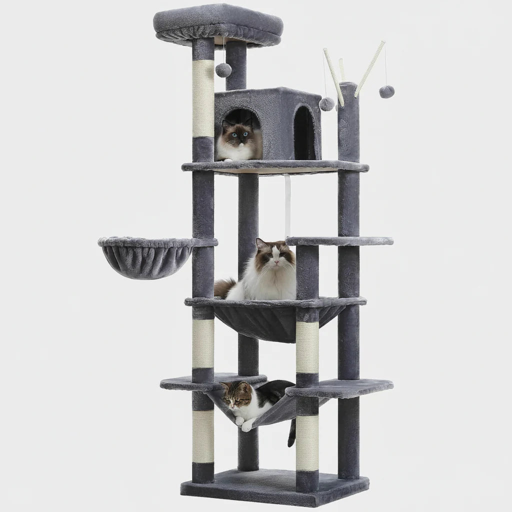Extra tall cat tree tower in dark gray plush with cubby condos, platforms, and hanging balls
