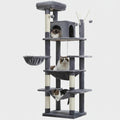 Extra tall cat tree tower in dark gray plush with cubby condos, platforms, and hanging balls