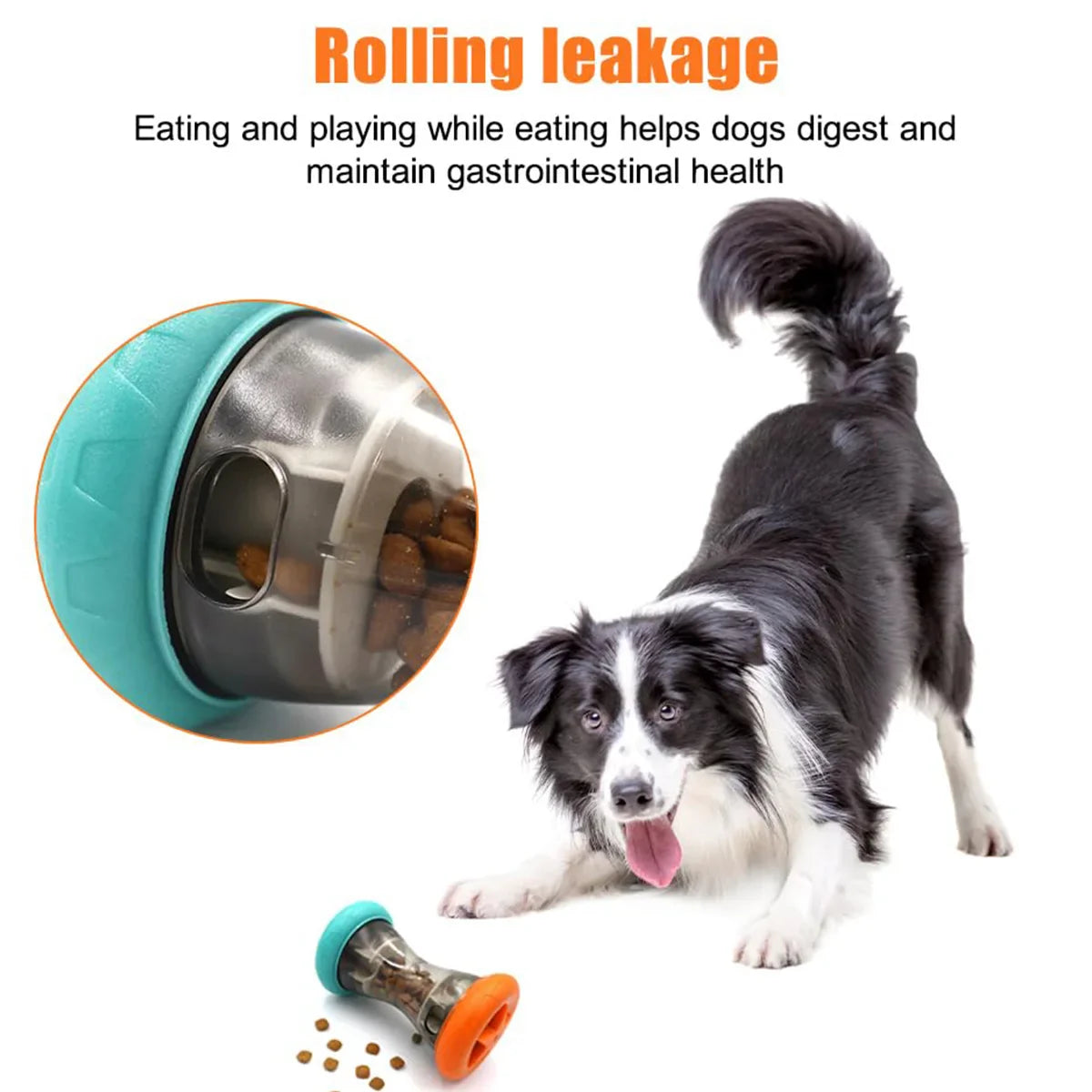 Teal and orange treat-dispensing dumbbell toy with kibble pieces near the spout