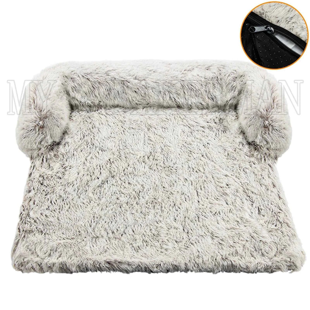 Light gray plush pet blanket sofa cover with roll edges, flat cushion style