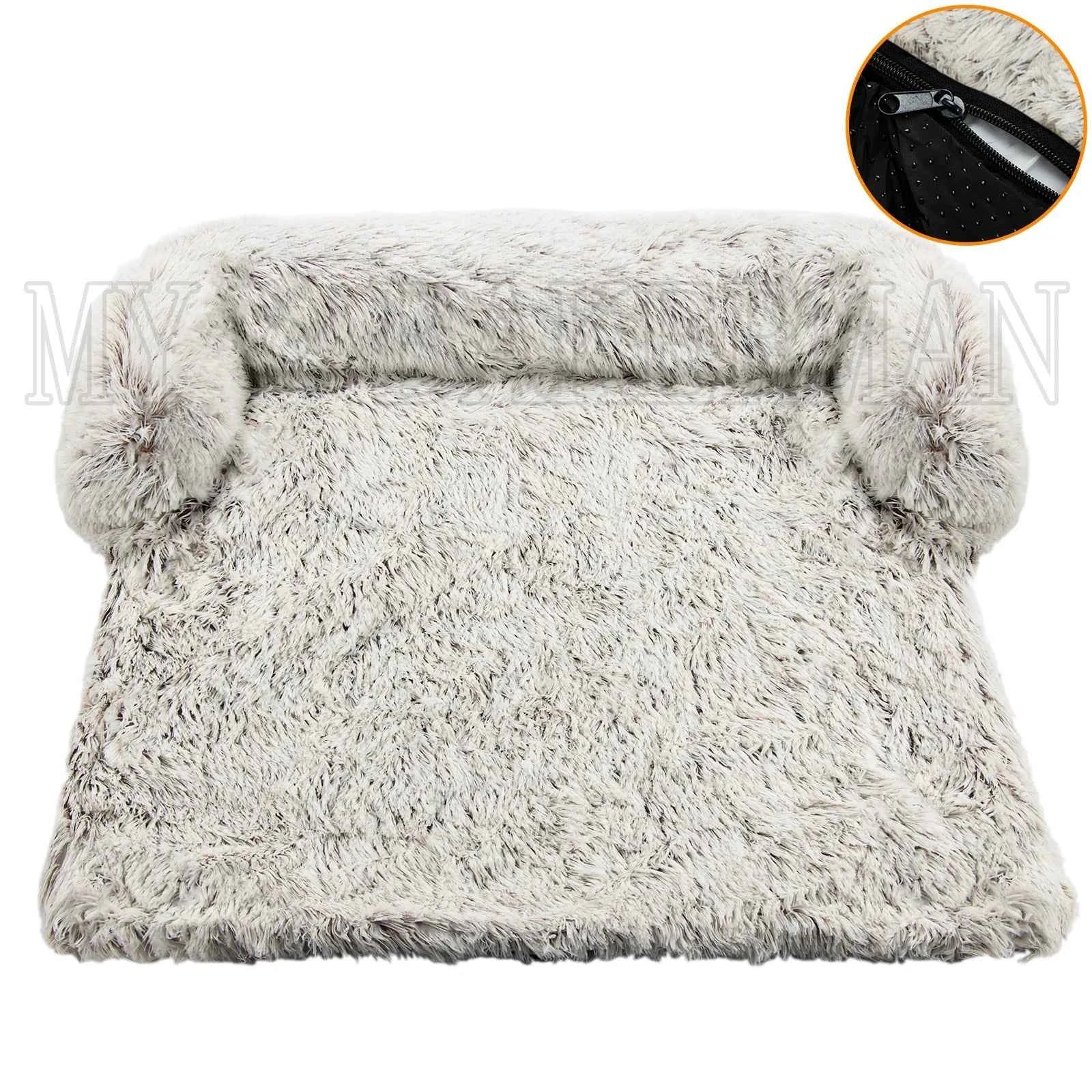Light gray plush pet blanket sofa cover with roll edges, flat cushion style