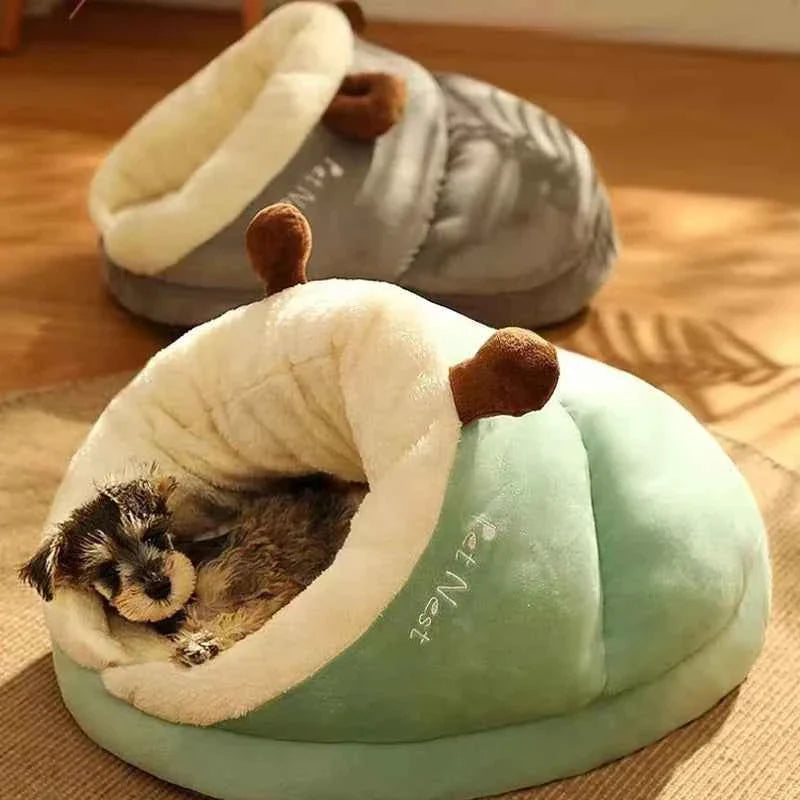 Mint green slippers-style dog bed with plush inner cushion and brown ear handles