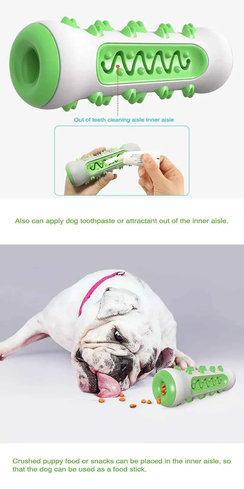 Green-and-white dental chew toy with ridged insert; appears held in hand