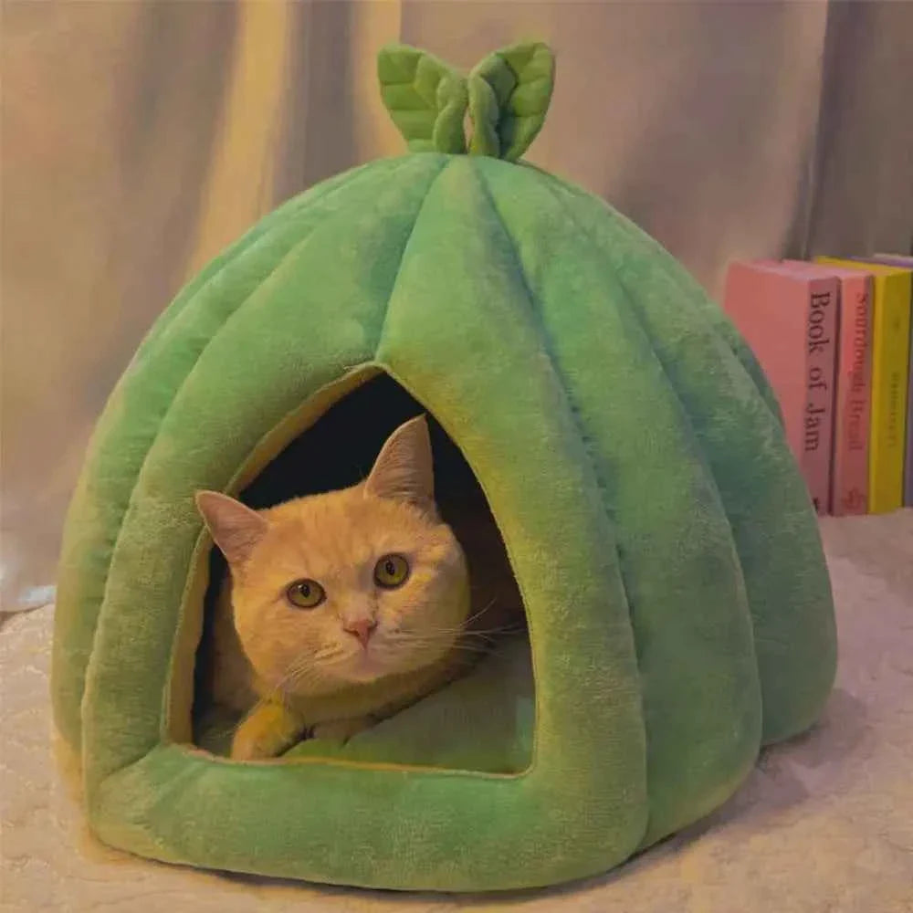 Green flannel pumpkin pet nest with leaf top, cat peeking from tunnel opening