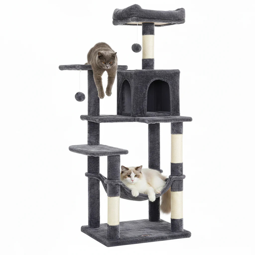 Dark gray cat tree tower with top perch, enclosed house, and side hammock