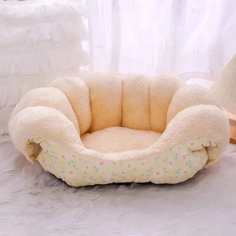Light blue floral cat bed basket with curved bolsters and soft padded interior
