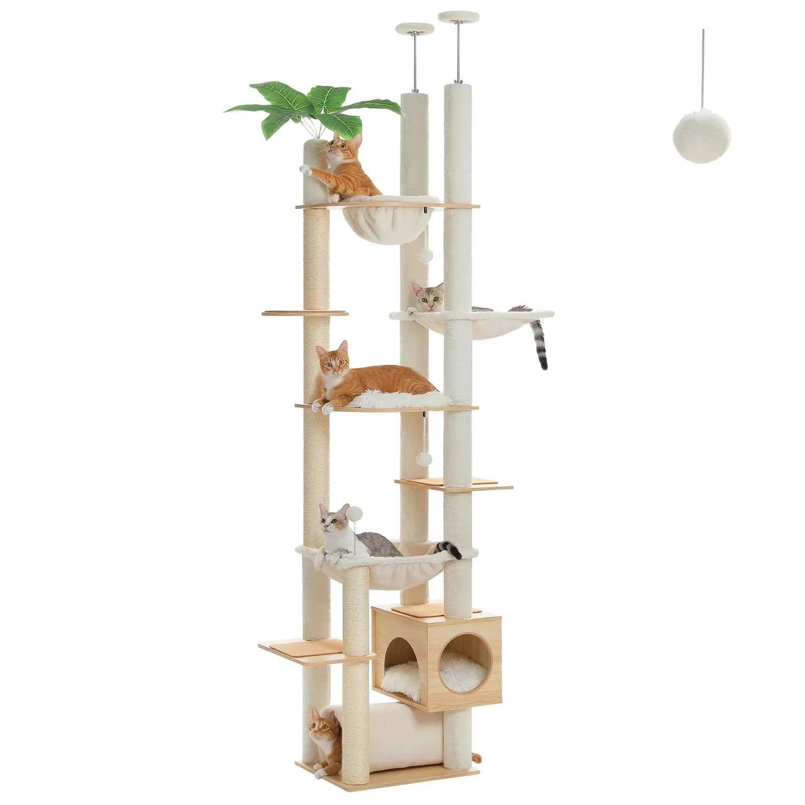 White cat tree with wooden perches, hammock lounge, and sisal scratching columns