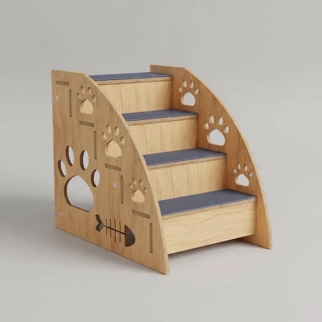 Dog stair ramp side view, light wood frame with paw openings and blue step treads