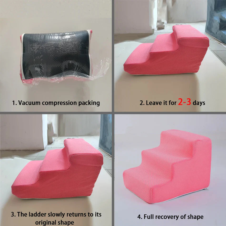 Pet ramp unboxing sequence, pink folded stairs shown before shape recovery.