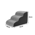 Grey two-step pet stairs ramp with black side panels; size diagram with 35cm, 40cm, 55cm