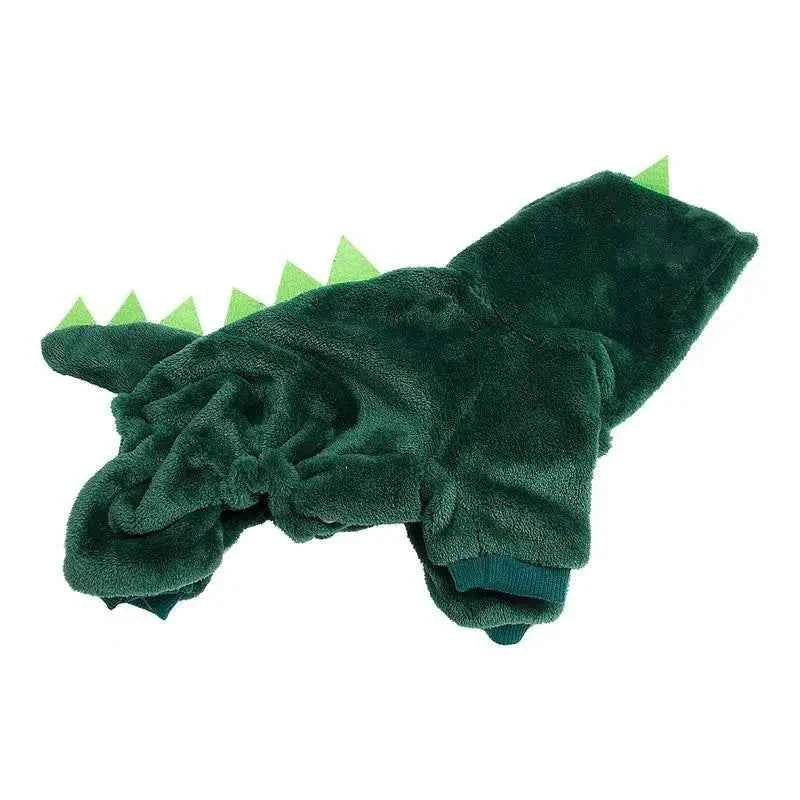 Green dinosaur pet hoodie with spiky back fin detail and plush hood