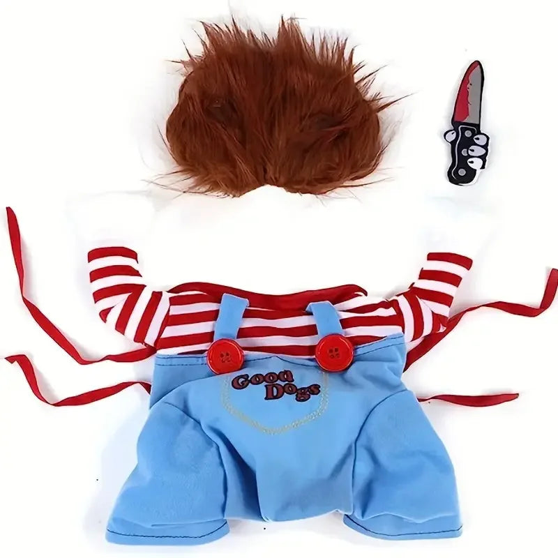 Pet dog costume set: orange wig, red striped sleeves, blue overalls, toy knife prop.