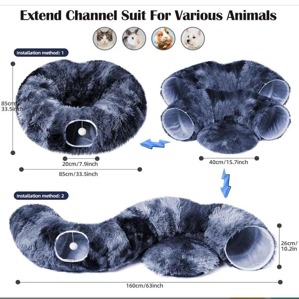 Dark blue extendable plush cat tunnel bed with two entryways and hanging ball