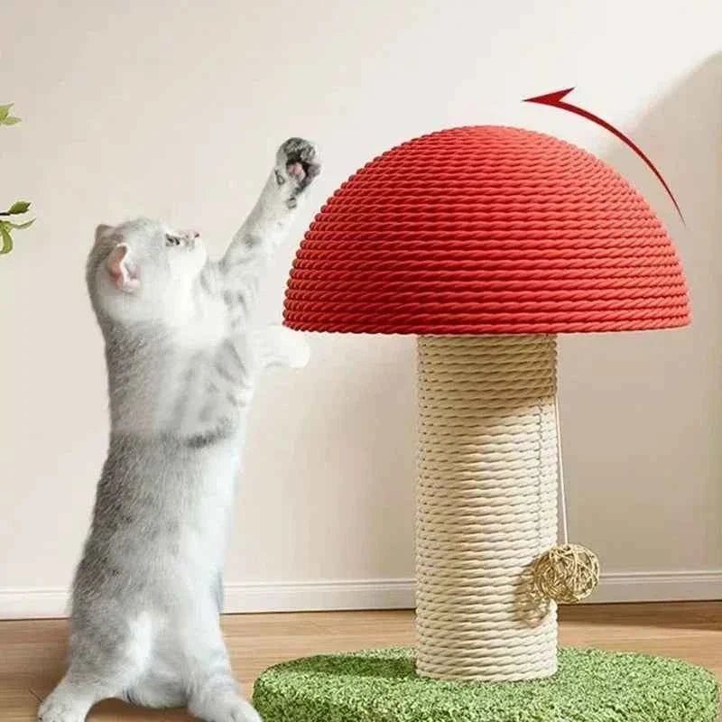 Cat scratching on red mushroom cat scratcher with beige sisal post and green base.