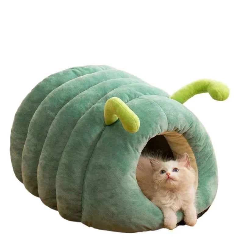 Green plush caterpillar pet bed with open tunnel and lime antenna detail