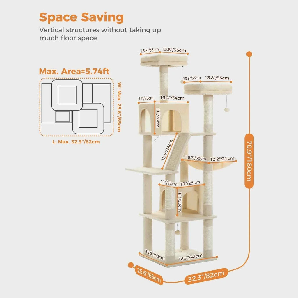 Extra-tall cat tree tower with stacked plush condos, platforms, and sisal scratching posts