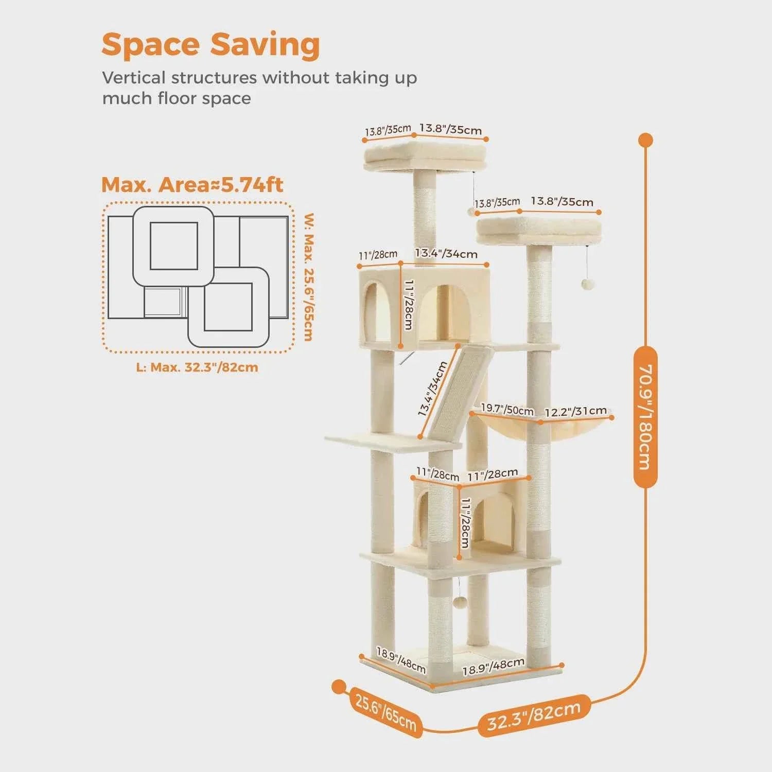 Extra-tall cat tree tower with stacked plush condos, platforms, and sisal scratching posts