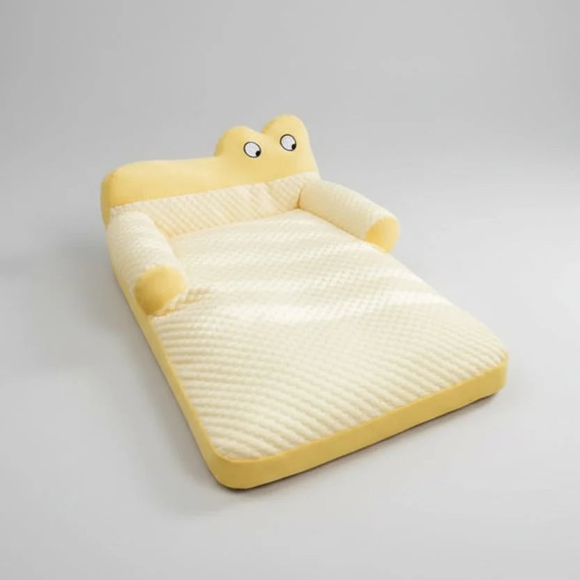 Rock yellow pet sofa bed with cute bear-face backrest and cream textured cushion